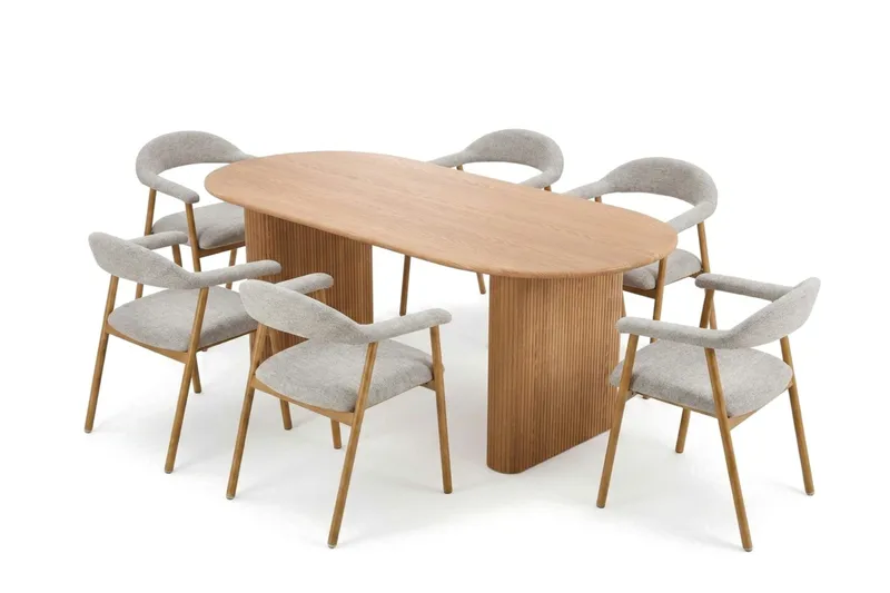 Noira spisegruppe 220 cm rektangulært i eg med 6 Ronja spisestole, Sand/Eg