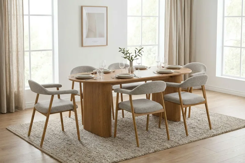 Noira spisegruppe 220 cm rektangulært i eg med 6 Ronja spisestole - Sand/Eg - Møbler - Borde - Spisebordssæt
