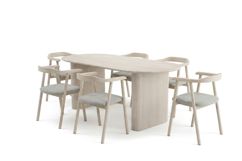 Noira spisegruppe med udtræk 160-220 cm hvidlaseret med 6 Jolie spisebordsstole - Møbler - Borde - Spisebordssæt