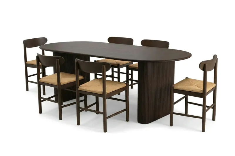 Noira spisegruppe med udtræk 160-220 cm røget eg med 6 Malte spisebordsstole, undefined