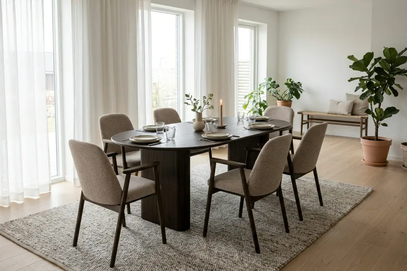 Noira spisegruppe med udtræk 160-220 cm røget eg med 6 Reciclar spisestole - Røget eg - Møbler - Borde - Spisebordssæt