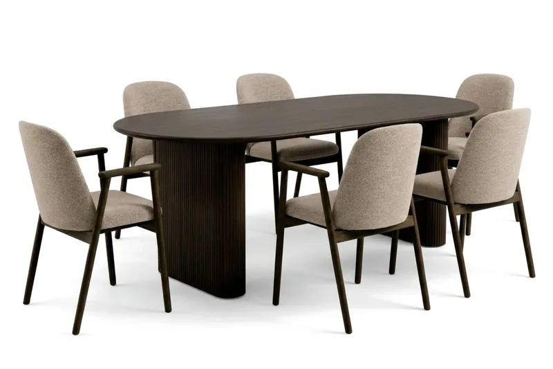 Noira spisegruppe med udtræk 160-220 cm røget eg med 6 Reciclar spisestole - Røget eg - Møbler - Borde - Spisebordssæt