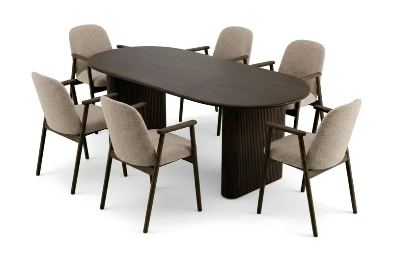 Noira spisegruppe med udtræk 160-220 cm røget eg med 6 Reciclar spisestole, Røget eg
