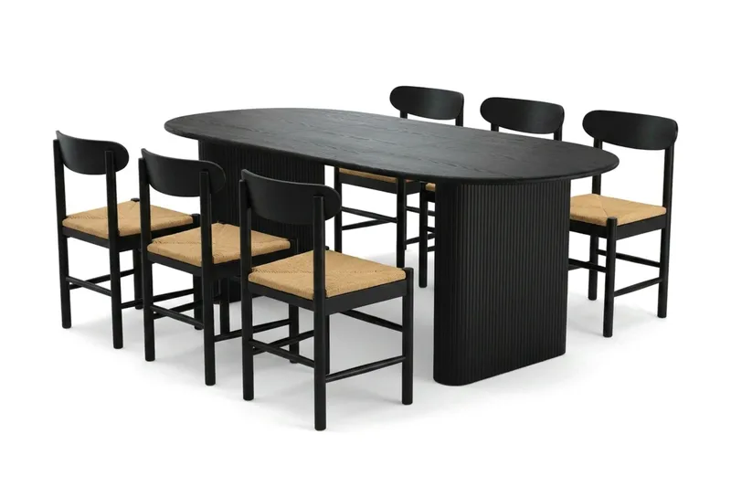 Noira spisegruppe med udtræk 220-320 cm sort med 6 Malte spisebordsstole, undefined