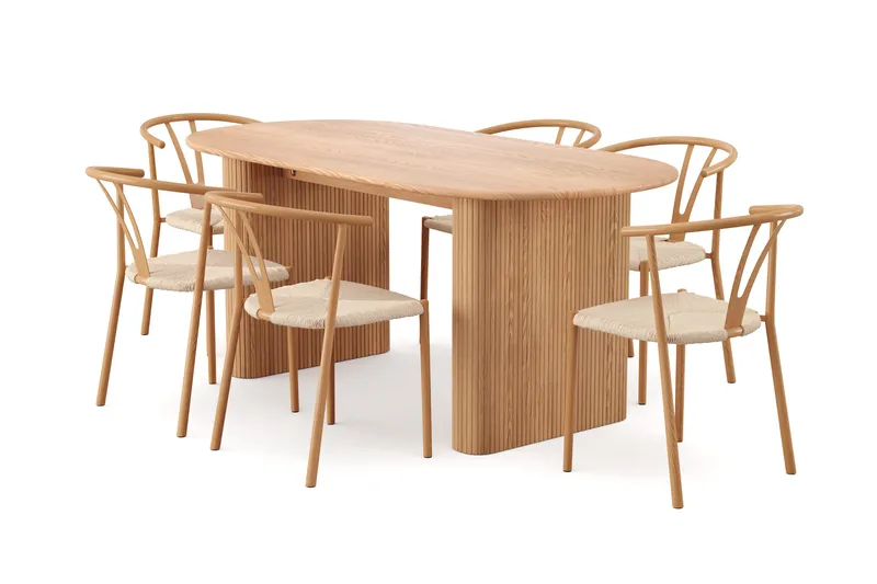 Noira spisegruppe rektangulær 180 cm eg med 6 Elysia spisestole, Eg