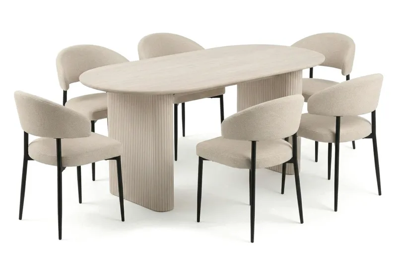 Noira spisegruppe rektangulær 180 cm hvidlaseret med 6 Sawako spisestole, Hvidlaseret