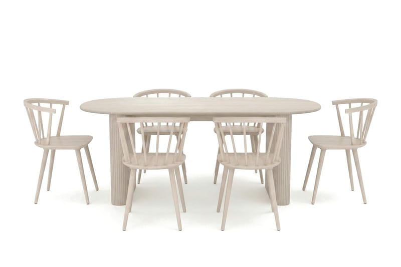 Noira spisegruppe rektangulær 180 cm hvidlaseret med 6 Tyrö-spisestole - Hvidbejdset eg - Møbler - Borde - Spisebordssæt