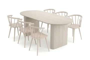 Noira spisegruppe rektangulær 180 cm hvidlaseret med 6 Tyrö-spisestole - Hvidbejdset eg - Møbler - Borde - Spisebordssæt