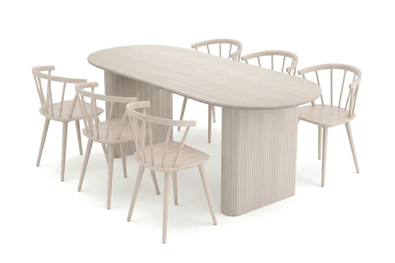 Noira spisegruppe rektangulær 180 cm hvidlaseret med 6 Tyrö-spisestole, Hvidbejdset eg