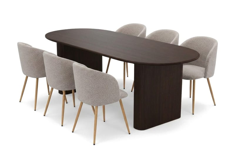 Noira spisegruppe rektangulær 180 cm røget eg med 6 Greya-spisestole, Røget eg