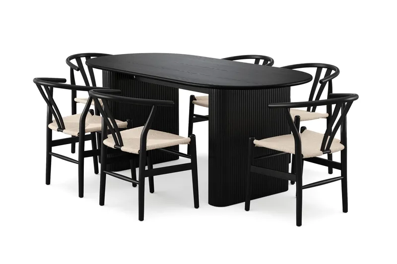 Noira Spisegruppe rektangulær 180 cm Sort med 6 Dastoori Spisestole, Sort