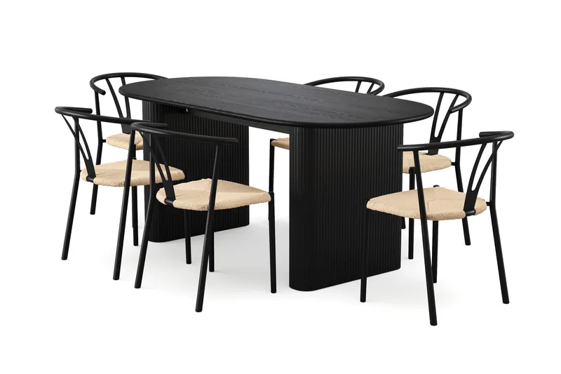 Noira spisegruppe rektangulær 180 cm sort med 6 Elysia spisestole, Sortbejdset eg