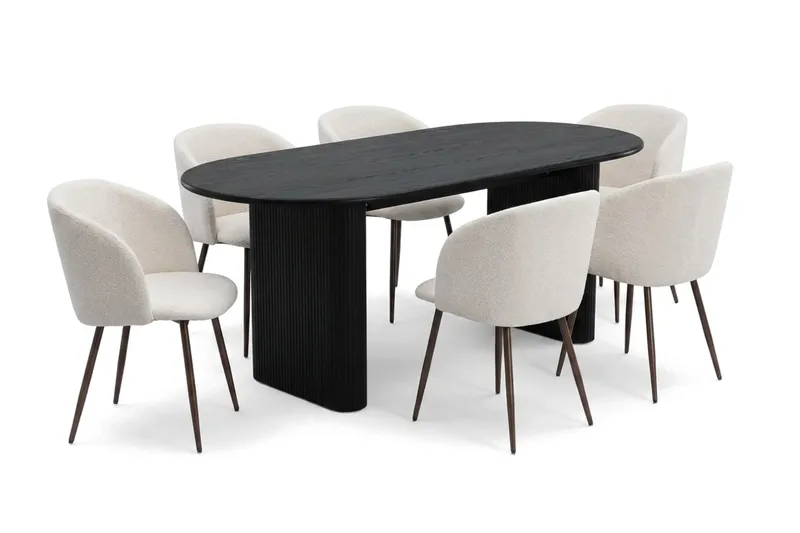 Noira spisegruppe rektangulær 180 cm sort med 6 Greya-spisestole, Sort