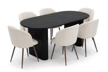 Noira spisegruppe rektangulær 180 cm sort med 6 Greya-spisestole - Sortbejdset eg - Møbler - Borde - Spisebordssæt