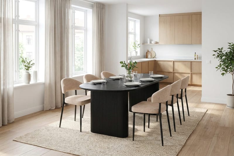 Noira spisegruppe rektangulær 180 cm sort med 6 Jairam spisestole - Sortbejdset eg - Møbler - Borde - Spisebordssæt