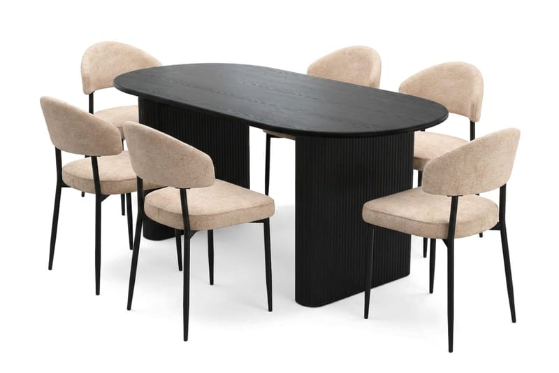 Noira spisegruppe rektangulær 180 cm sort med 6 Jairam spisestole, Sortbejdset eg