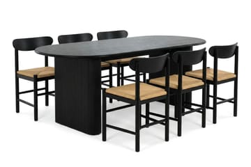 Noira spisegruppe rektangulær 180 cm sort med 6 Malte spisestole - Sortbejdset eg - Møbler - Borde - Spisebordssæt