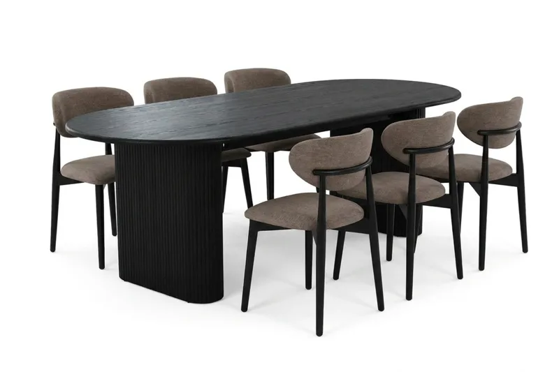 Noira spisegruppe rektangulær 180 cm sort med 6 Molly spisestole, Sort