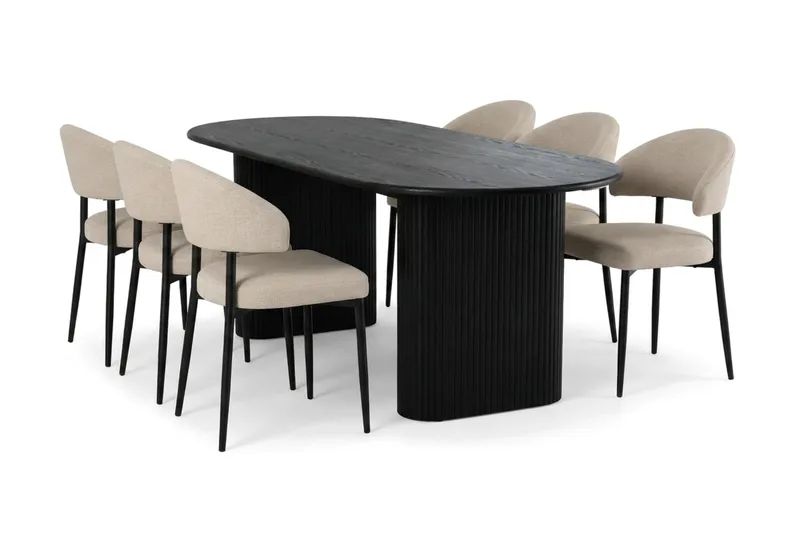 Noira spisegruppe rektangulær 180 cm sort med 6 Sawako spisestole, Sort