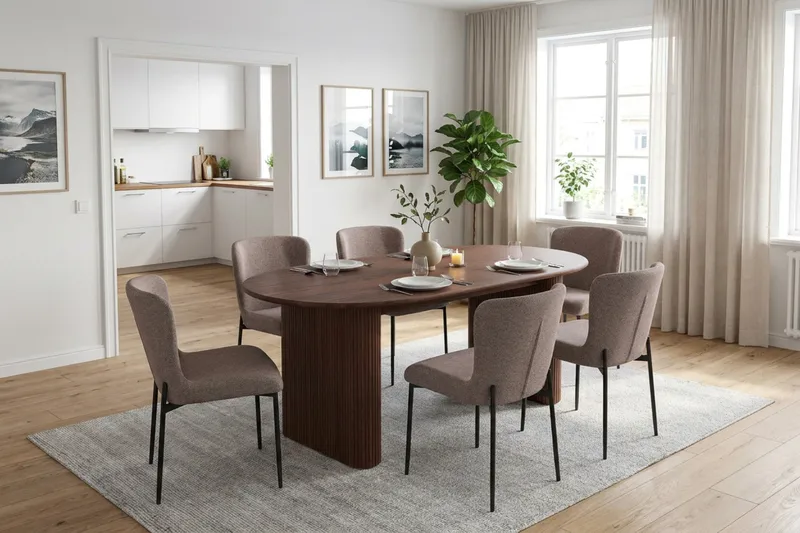 Noira spisegruppe rektangulær 180 cm valnød med 6 Elsie spisestole - Valnød - Møbler - Borde - Spisebordssæt