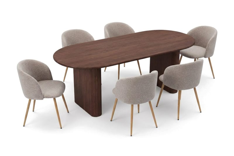 Noira spisegruppe rektangulær 180 cm valnød med 6 Greya-spisestole - Valnød - Møbler - Borde - Spisebordssæt