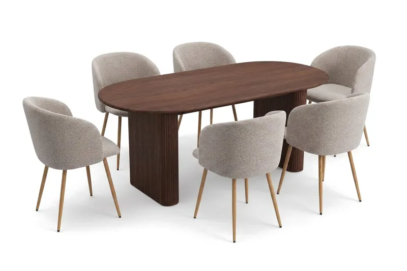 Noira spisegruppe rektangulær 180 cm valnød med 6 Greya-spisestole, Valnød