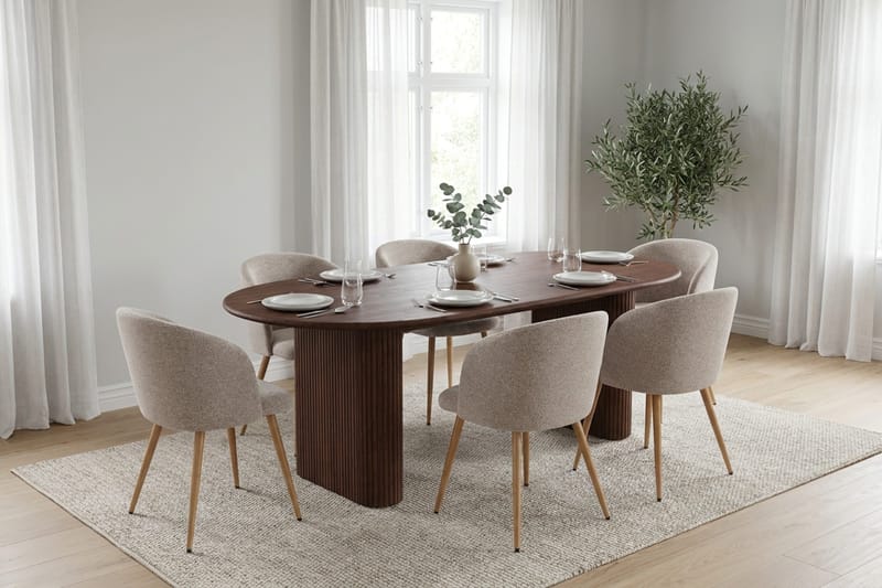 Noira spisegruppe rektangulær 180 cm valnød med 6 Greya-spisestole - Valnød - Møbler - Borde - Spisebordssæt