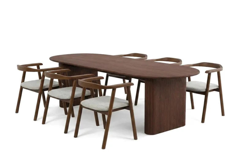 Noira spisegruppe rektangulær 180 cm valnød med 6 Jolie spisestole, Valnød
