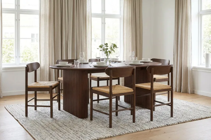 Noira spisegruppe rektangulær 180 cm valnød med 6 Malte spisestole - Valnød - Møbler - Borde - Spisebordssæt
