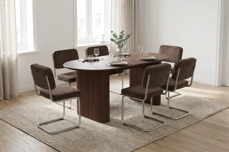 Noira spisegruppe rektangulær 180 cm valnød med 6 Milva spisestole - Valnød - Møbler - Borde - Spisebordssæt