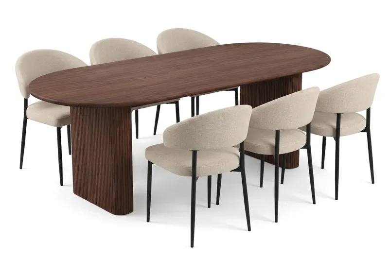 Noira spisegruppe rektangulær 180 cm valnød med 6 Sawako spisestole, Valnød
