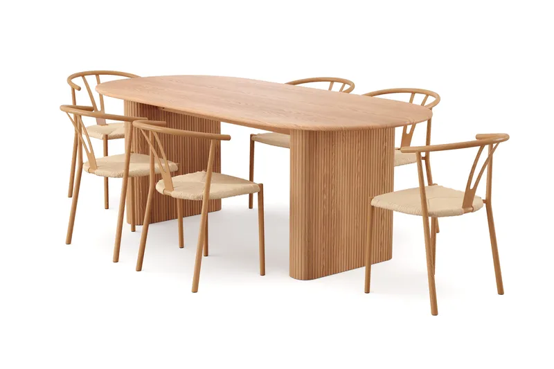 Noira spisegruppe rektangulær 220 cm eg med 6 Elysia spisestole, Eg