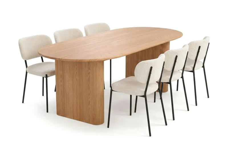 Noira spisegruppe rektangulær 220 cm Eg med 6 Gemmiano-spisestole, Eg