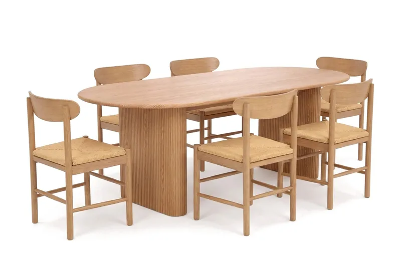 Noira spisegruppe rektangulær 220 cm eg med 6 Malte spisebordsstole, Eg