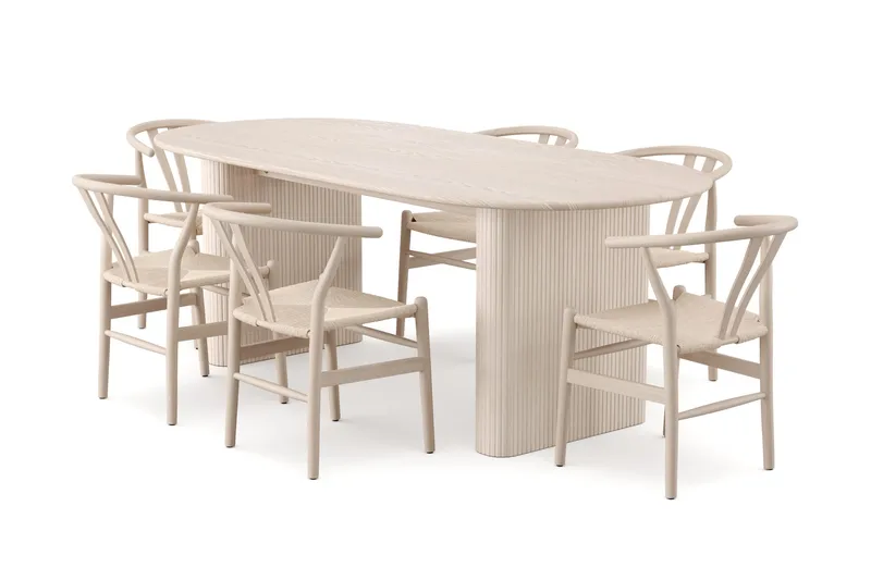 Noira Spisegruppe rektangulær 220 cm Hvidlaseret med 6 Dastoori Spisestole, Hvidlaseret