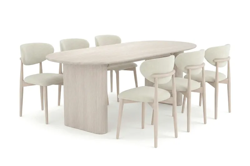 Noira spisegruppe rektangulær 220 cm hvidlaseret med 6 Molly spisestole, Hvidlaseret