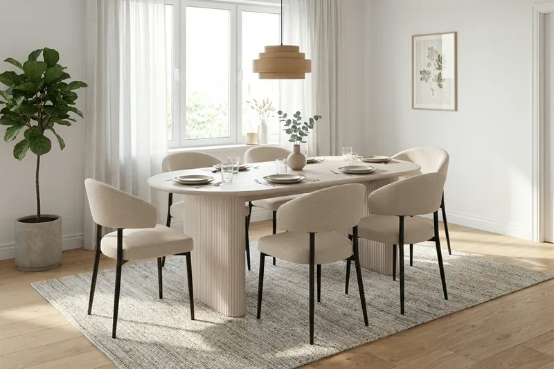 Noira spisegruppe rektangulær 220 cm hvidlaseret med 6 Sawako spisestole - Hvidlaseret - Møbler - Borde - Spisebordssæt