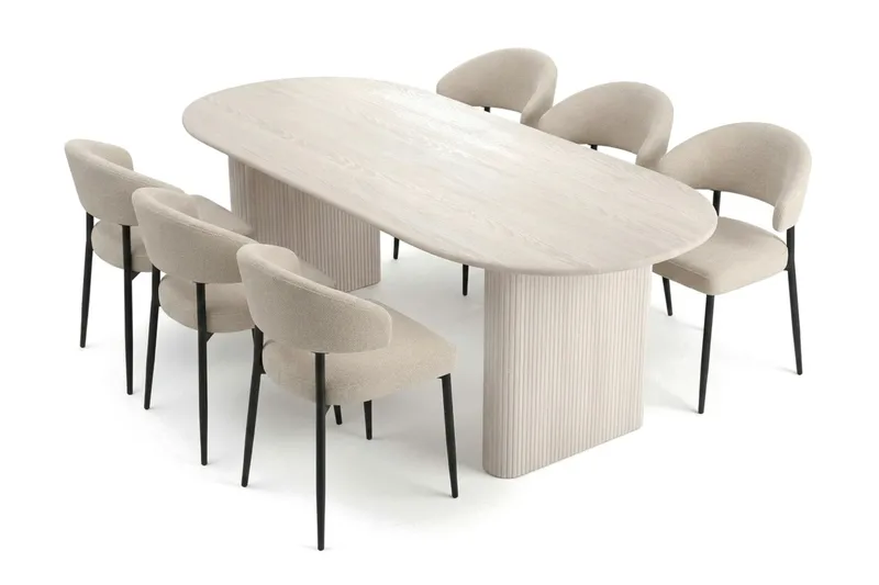 Noira spisegruppe rektangulær 220 cm hvidlaseret med 6 Sawako spisestole, Hvidlaseret