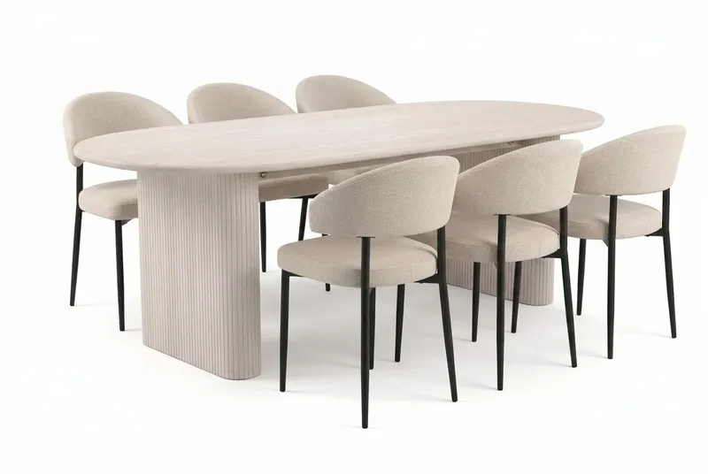 Noira spisegruppe rektangulær 220 cm hvidlaseret med 8 Sawako spisebordsstole, Hvidlaseret