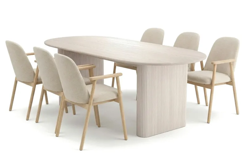 Noira spisegruppe rektangulær 220 cm hvidolieret med 6 Reciclar spisestole, Hvidlaseret