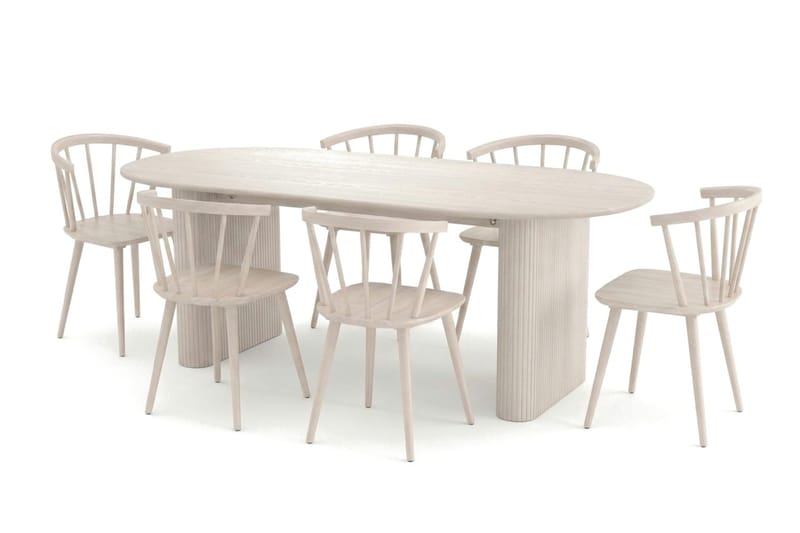 Noira spisegruppe rektangulær 220 cm hvidpigmenteret med 6 Tyrö-spisestole - Hvidbejdset eg - Møbler - Borde - Spisebordssæt