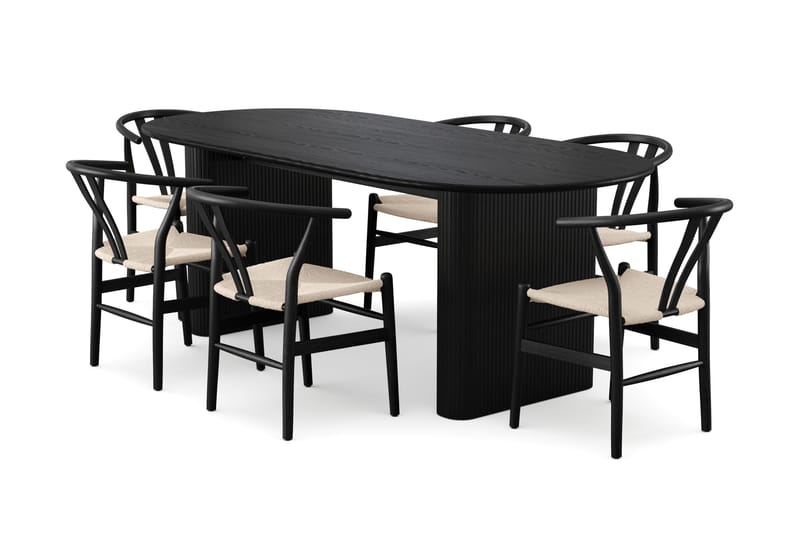 Noira spisegruppe rektangulær 220 cm sort med 6 Dastoori spisebordsstole, Sort