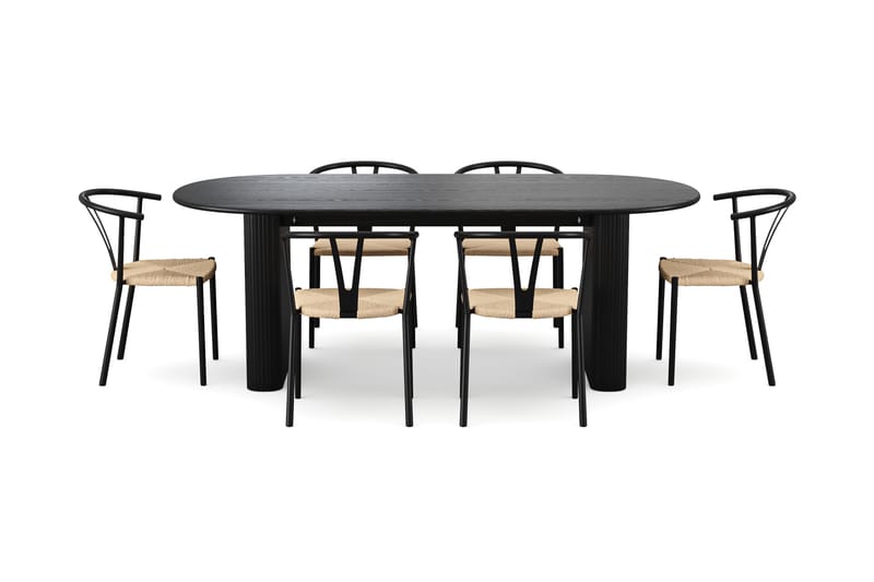 Noira spisegruppe rektangulær 220 cm sort med 6 Elysia spisestole - Sortbejdset eg - Møbler - Borde - Spisebordssæt