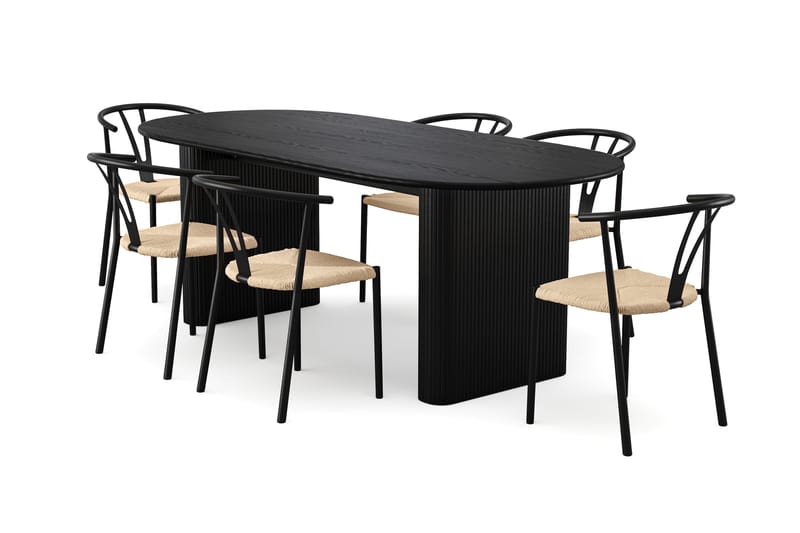 Noira spisegruppe rektangulær 220 cm sort med 6 Elysia spisestole, Sortbejdset eg