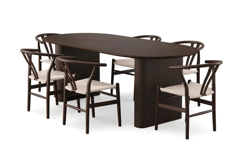Noira Spisegruppe udtræk 160-220 cm Røget eg med 6 Dastoori Spisestole, Røget eg