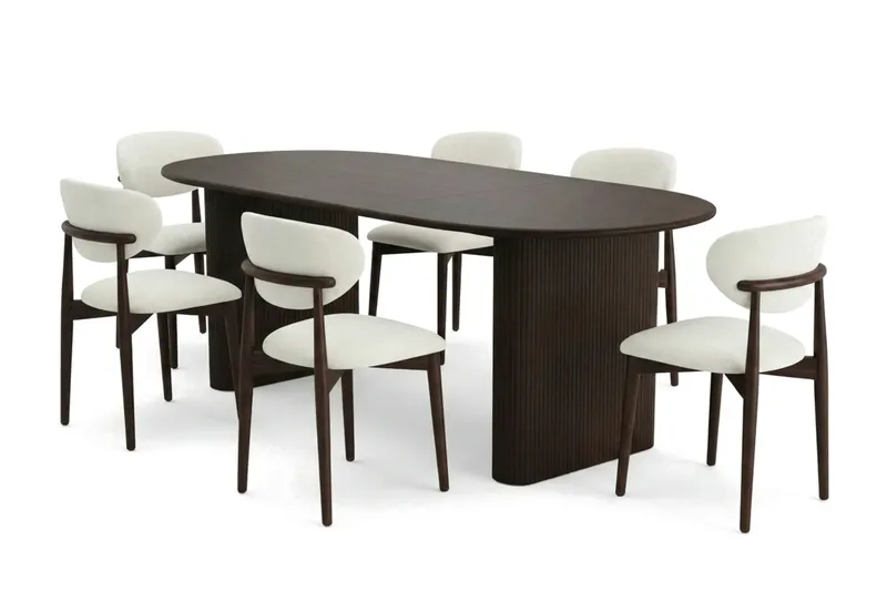 Noira spisegruppe udtræk 160-220 cm røget eg med 6 Molly spisestole, Røget eg