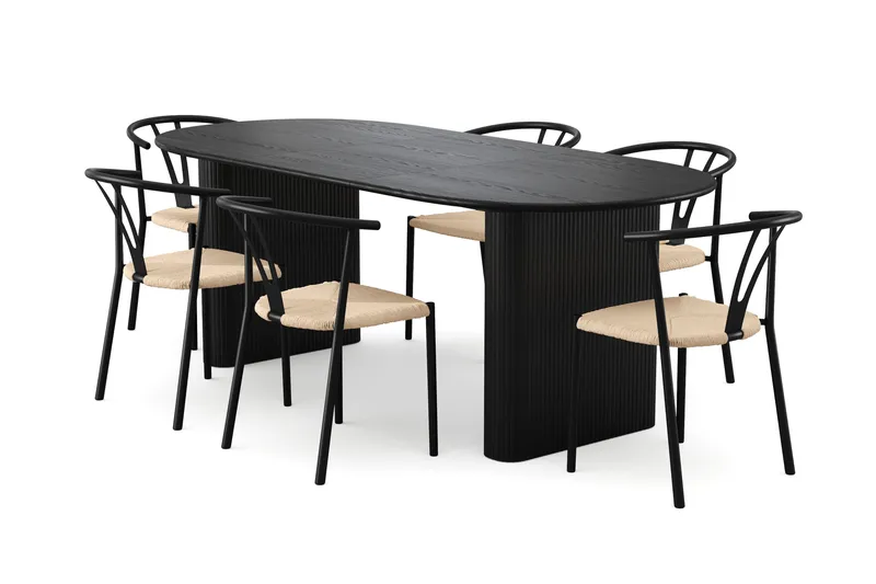 Noira spisegruppe udtræk 160-220 cm sort med 6 Elysia spisestole, Sortbejdset eg