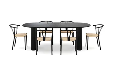 Noira spisegruppe udtræk 160-220 cm sort med 6 Elysia spisestole - Sortbejdset eg - Møbler - Borde - Spisebordssæt