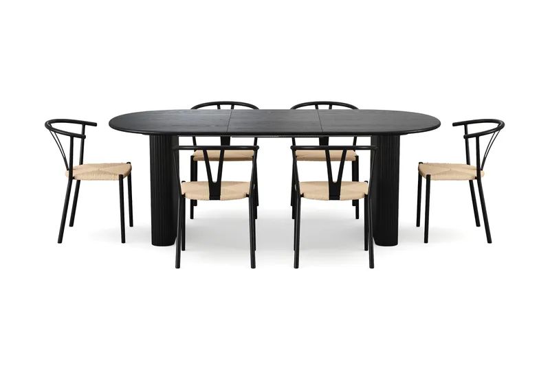 Noira spisegruppe udtræk 160-220 cm sort med 6 Elysia spisestole - Sortbejdset eg - Møbler - Borde - Spisebordssæt