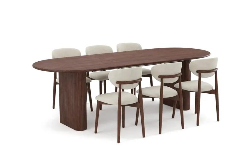 Noira spisegruppe udtræk 160-220 cm valnød med 6 Molly spisestole - Valnød - Møbler - Borde - Spisebordssæt